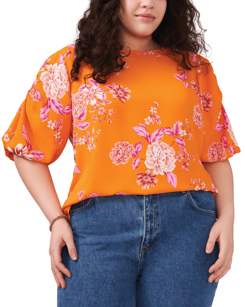 Front of a model wearing a size 1X Brielle Open Shoulder Blouse in SUNSET ORNG by Vince Camuto. | dia_product_style_image_id:261695